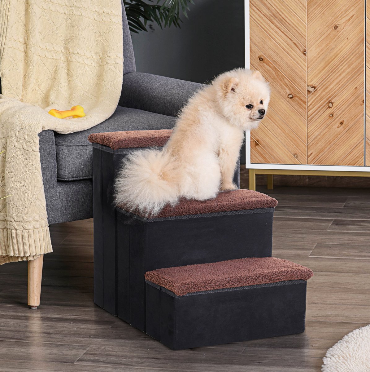DESMIU Huisdierentrap – Inklapbaar Met Opbergruimte – 40x54x48 cm – Hout – Zwart – 3 Treden Voor Katten En Honden