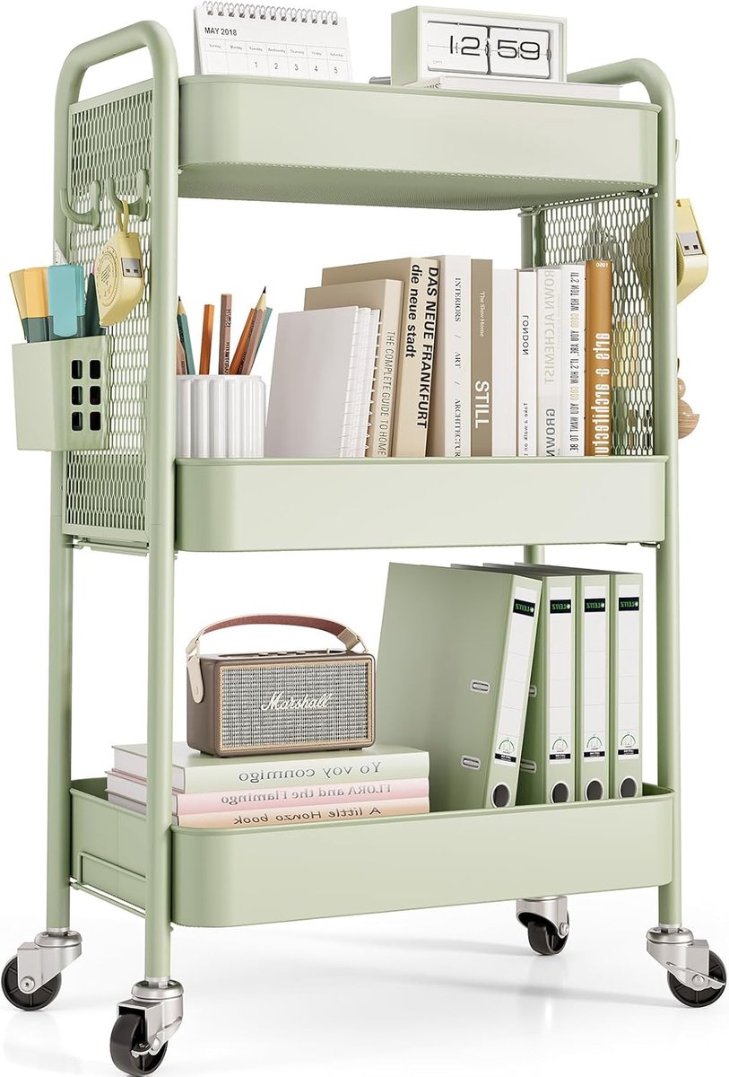 SnelShoppen - Multi-purpose opslag trolley met 3 etages, metalen keukentrolley met DIY steekborden, manden en haken voor extra opbergruimte in keuken,