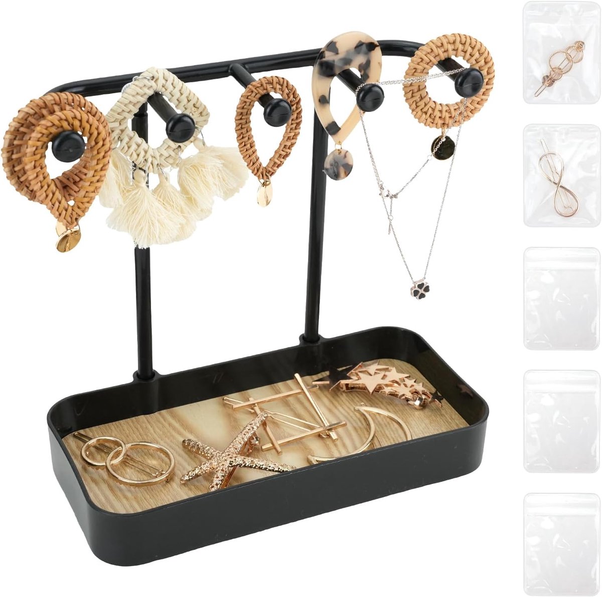 SnelShoppen - Multifunctionele Sieradenstandaard met 5 Sieradenzakken, Earring Holder, Sieradenopslag voor Halskettingen, Armbanden, Ringen, Horloges,