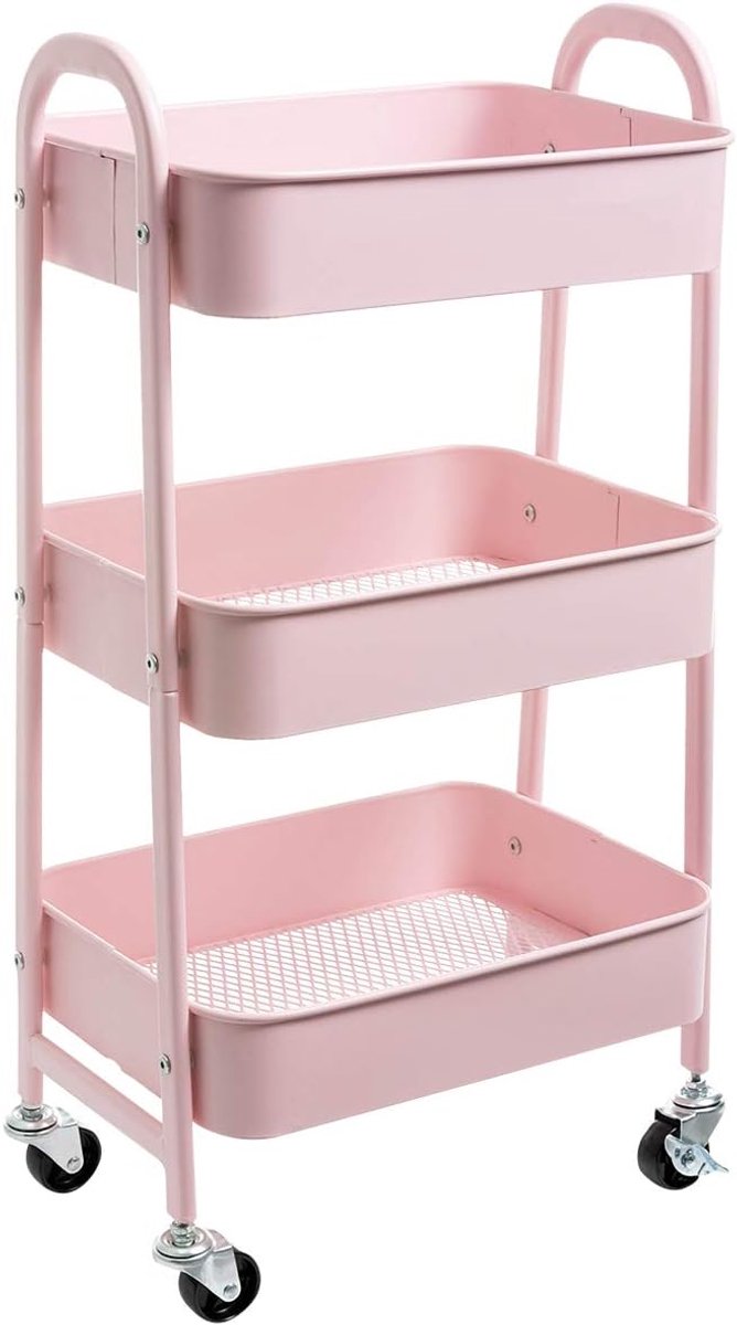 SnelShoppen - 3-laags Metalen Opbergwagen met Wielen, Slimme Organizer Trolley voor Keuken, Badkamer, Kantoor, Roze, 40x30x70 cm
