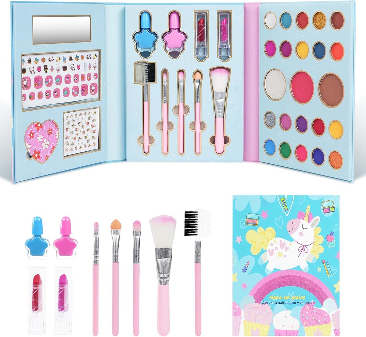 SnelShoppen - 23 Kleuren Kinderen Makeup Set voor Meisjes, Wasbare Make-up met Kwasten, Spiegeltje & Stickers, Niet-Toxisch Cosmetica Cadeau voor Kind