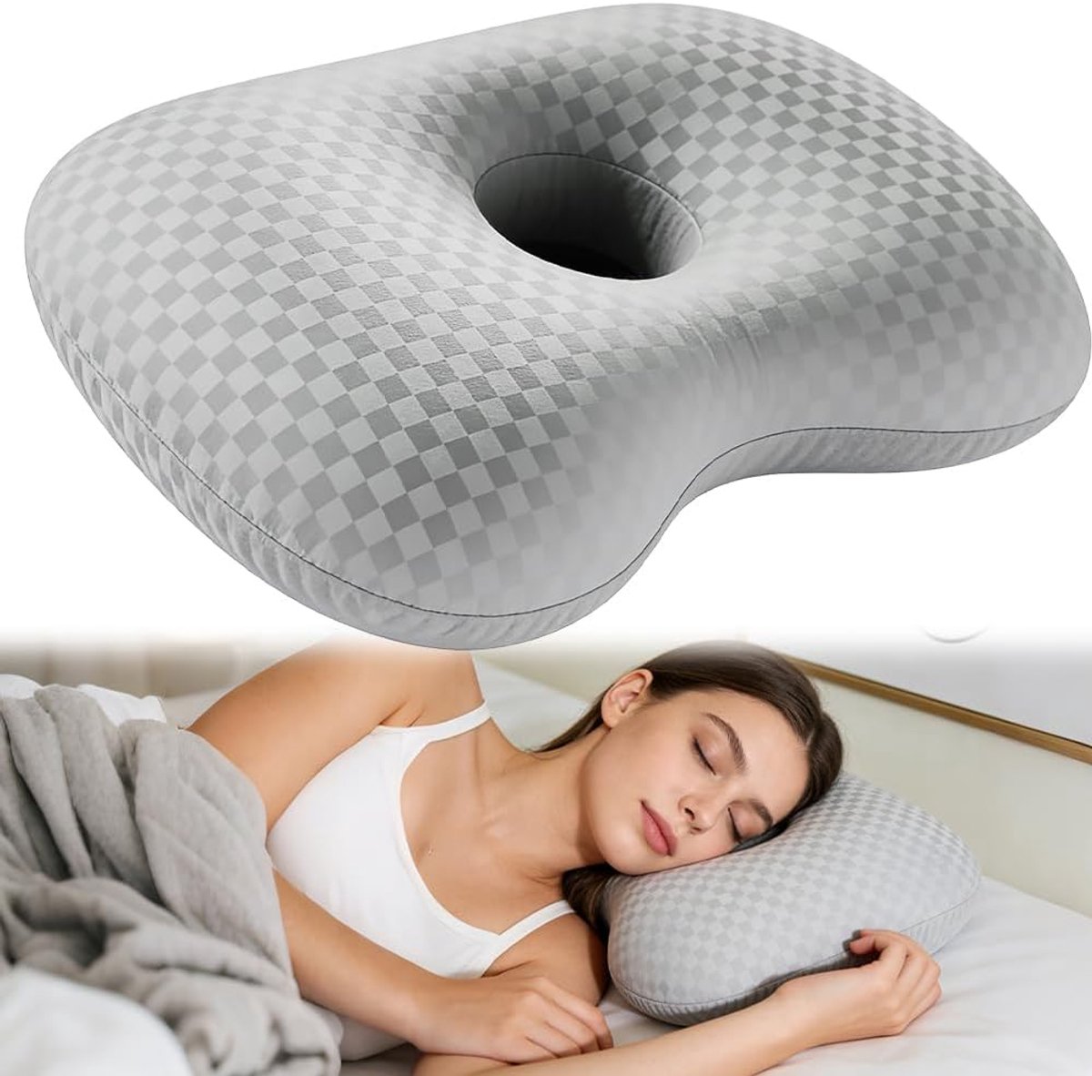 SnelShoppen - Piercing Pillow Oor Piercing Kussen Donut Kussen Ergonomisch Ondersteunend Slaap Kussen voor Oorpijn met Gat voor Zijdelings Slapen Grij
