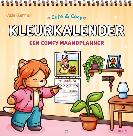 Een schattige kat in een roze hoodie schrijft in een kleurrijke maandplanner met de titel "Kleurkalender".