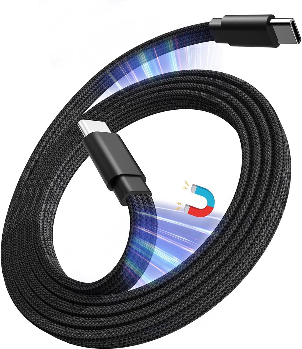 SnelShoppen - Magnetische USB C naar USB C Kabel 1m, 60W Snelladen, Coiled Type C Kabel, Georganiseerd Anti-Tangle, Plat Gevlochten Gegevenskabel voor