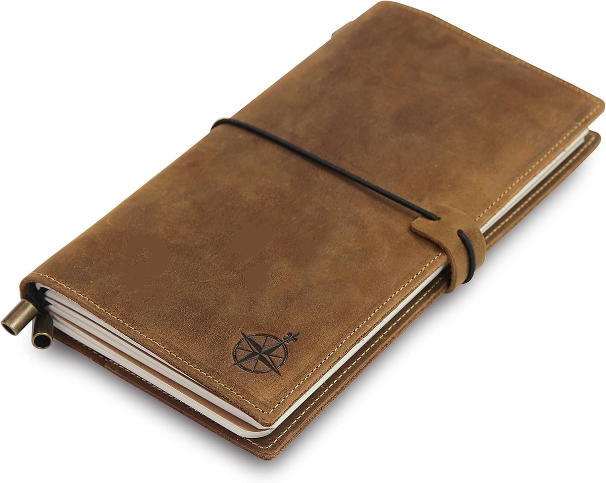 SnelShoppen - Refillable Leer Notitieboek met Compartimenten - 11.5x22cm - Handgemaakt Volnerf Crazy Horse Leder - 100 GSM Blank Inlagen voor Reis, St