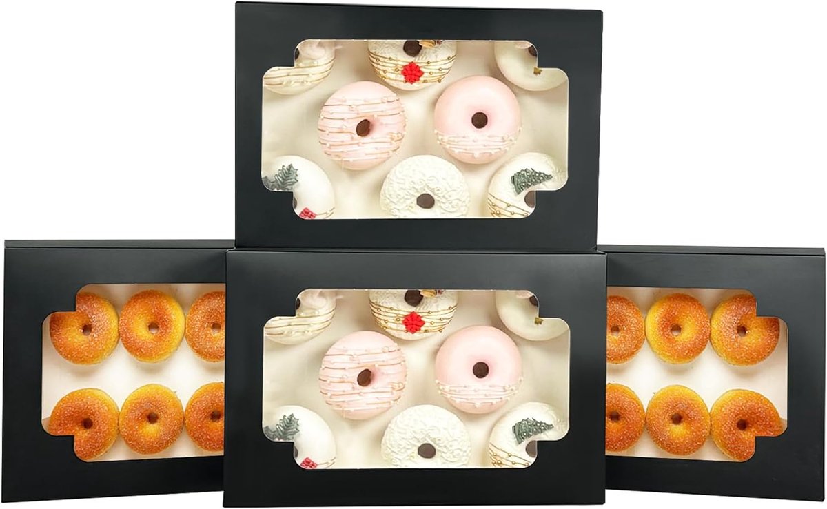 SnelShoppen - Auto Pop Up Cookie Box met Venster, Zwart, 12 x 8 x 2.5 inch, 6 Stuks, Vouwbare Bakkerijdoos voor Cookies, Gebak, Cadeauverpakking, Fees