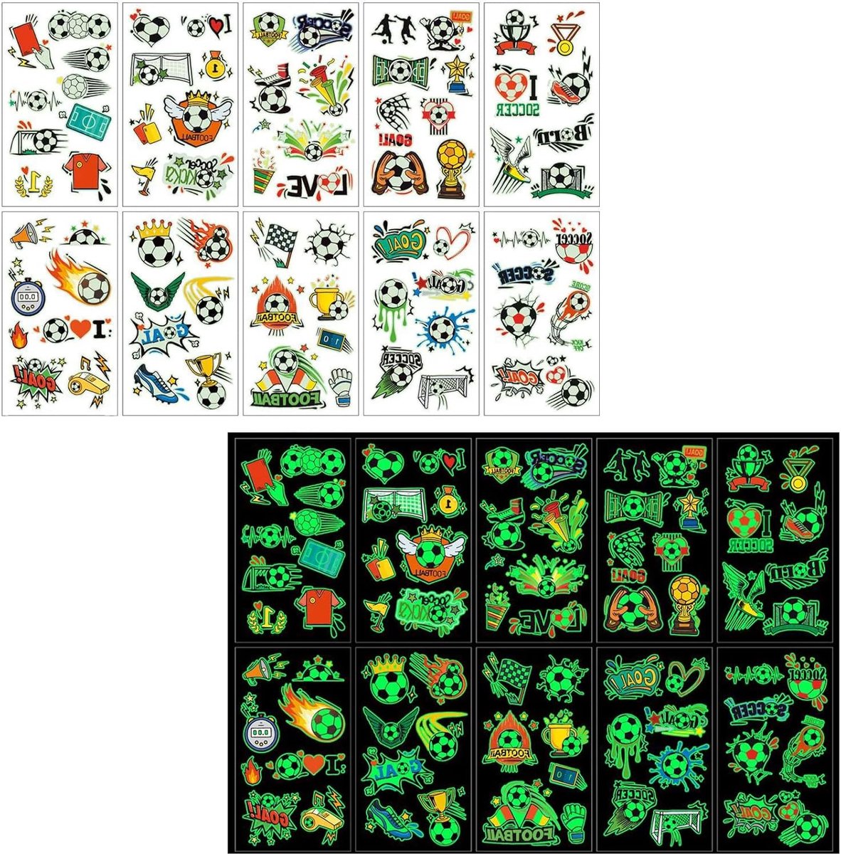 Voetbal Tattoos - Kinder Stickers - Feestjes Vieren - Nachtlichtend Effect - 20 Vellen - Multicolor