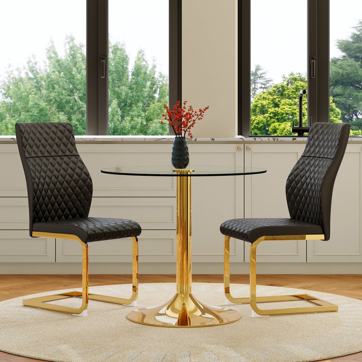 MEUNIQ set tafel en stoelen met ronde glazen eettafel 85 cm en 2 stoelen, transparant tafe