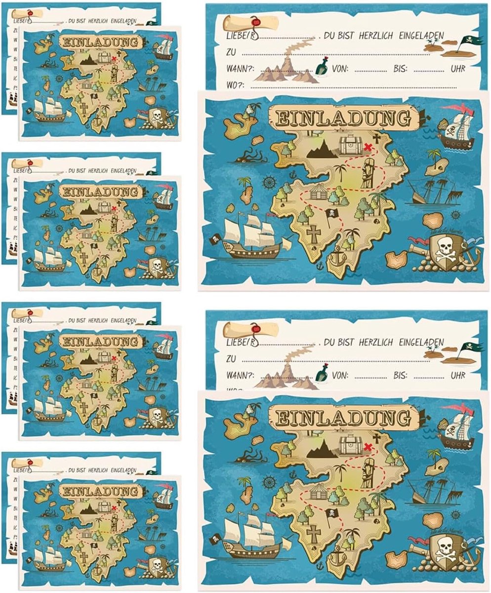SnelShoppen - 12 x Uitnodigingskaarten Kinderfeest Piraten Thema - Hoge Kwaliteit Eco-vriendelijk Papier - Voor Jongens en Meisjes - Feestuitnodiginge
