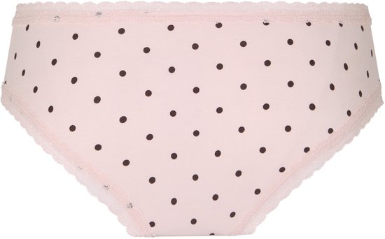 Lichtroze slip met bruine stippen en kanten randjes.