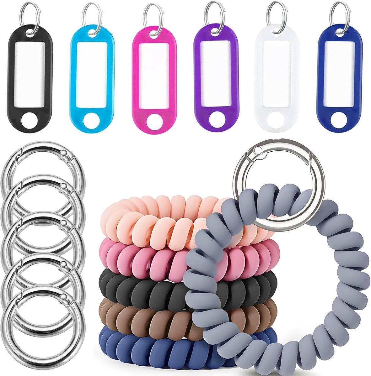 Thijox - 6 Stuks Sleutelhangers met Beschrijfbare Etiketten, Polsspoel, Spiraalarmband, Elastische Sleutelhouder, Meerkleurig voor Sauna, Zwembad, Fit