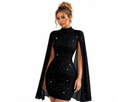 Zwarte Glitter Jurk - Cape Mouwen - Kort - Feest