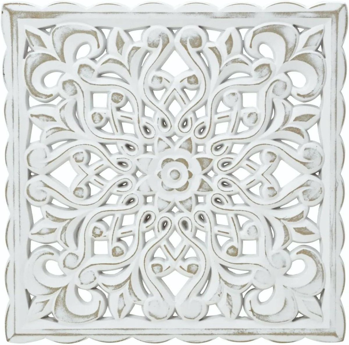 Wandornament Hout - Decoratie Mandala - Woonkamer Aankleden - Shabby Stijl - 38x38cm - Wit