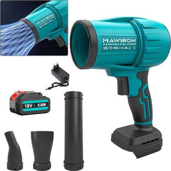 Draadloze hand‑bladblazer 18V, krachtige accublazer met 3‑verwisselbare spuitmonden en 5500 mAh‑accu voor tuin, garage en binnenshuis‑reiniging