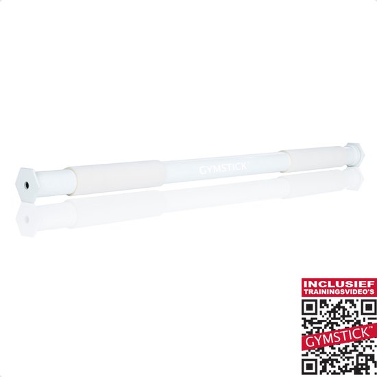 Witte Gymstick optrekstang met witte handgrepen en 'GYMSTICK' logo. Rechtsonder een QR-code en de tekst 'INCLUSIEF TRAININGSVIDEO'S'.