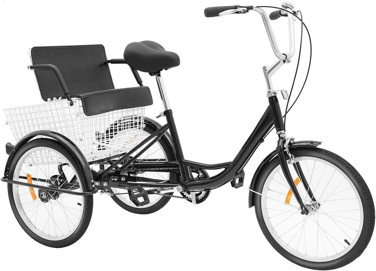 Driewieler voor volwassenen - Stadsfiets met mand - Boodschappen doen - Verstelbaar stuur en zitting - 20 inch wielmaat - Zwart