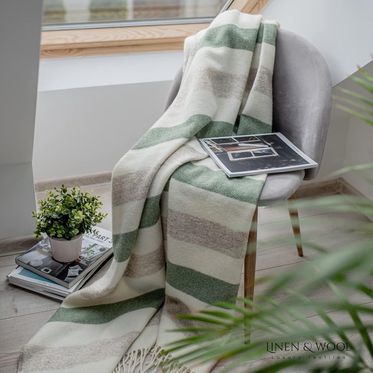 SnelShoppen - Warme Zachte Wollen Deken Gestreepte Plaid 140x200 cm - 100% Nieuw-Zeelandse Wol Beige Wit Groen - Knuffeldeken Bankdeken Winterdeken Re