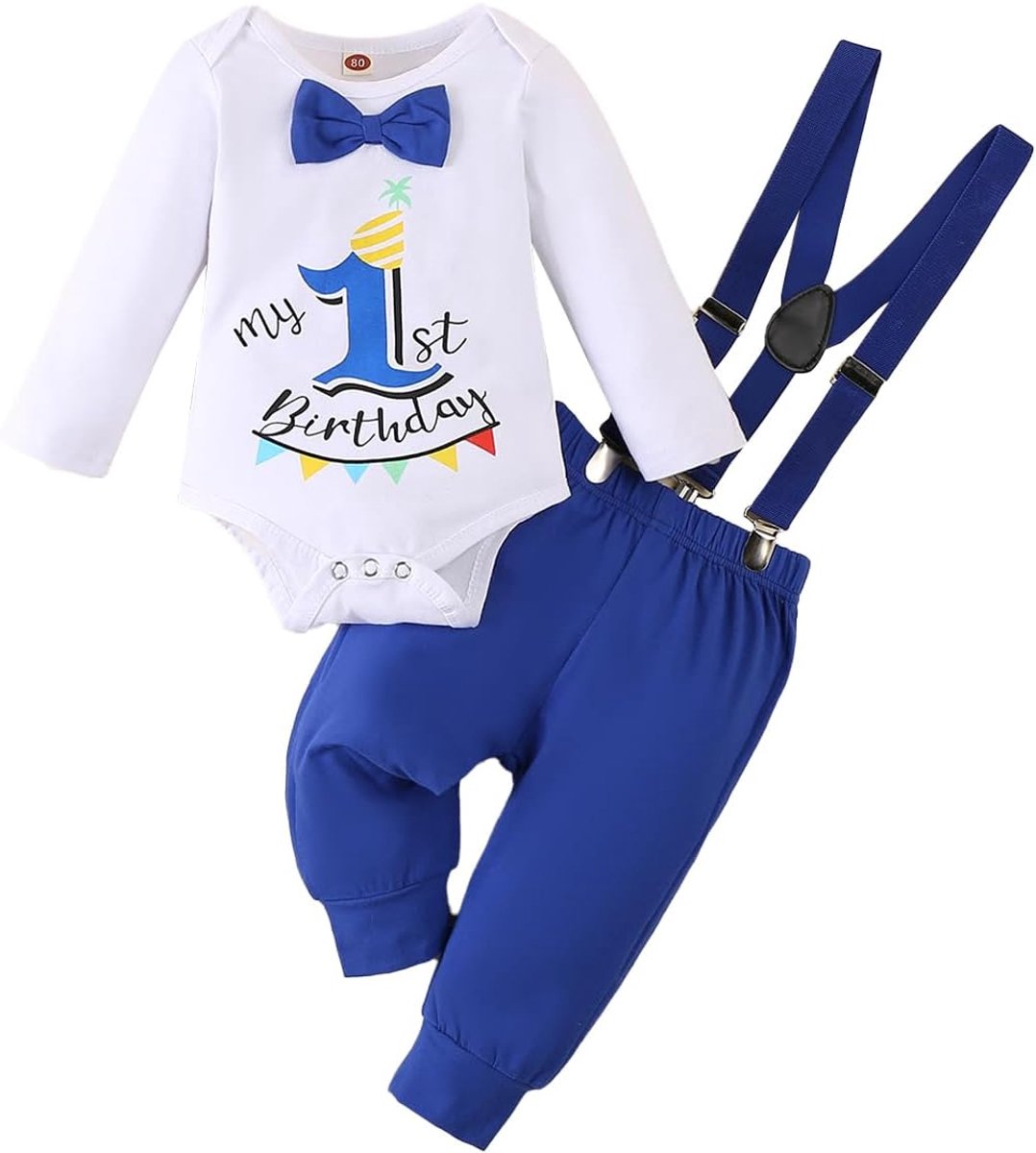 SnelShoppen - Baby Jongens My 1e Verjaardag Outfit 2-delige Kledingset Wild One Animal Gentleman Top met Vlinderdas en Bretels Shorts Zomer Herfst