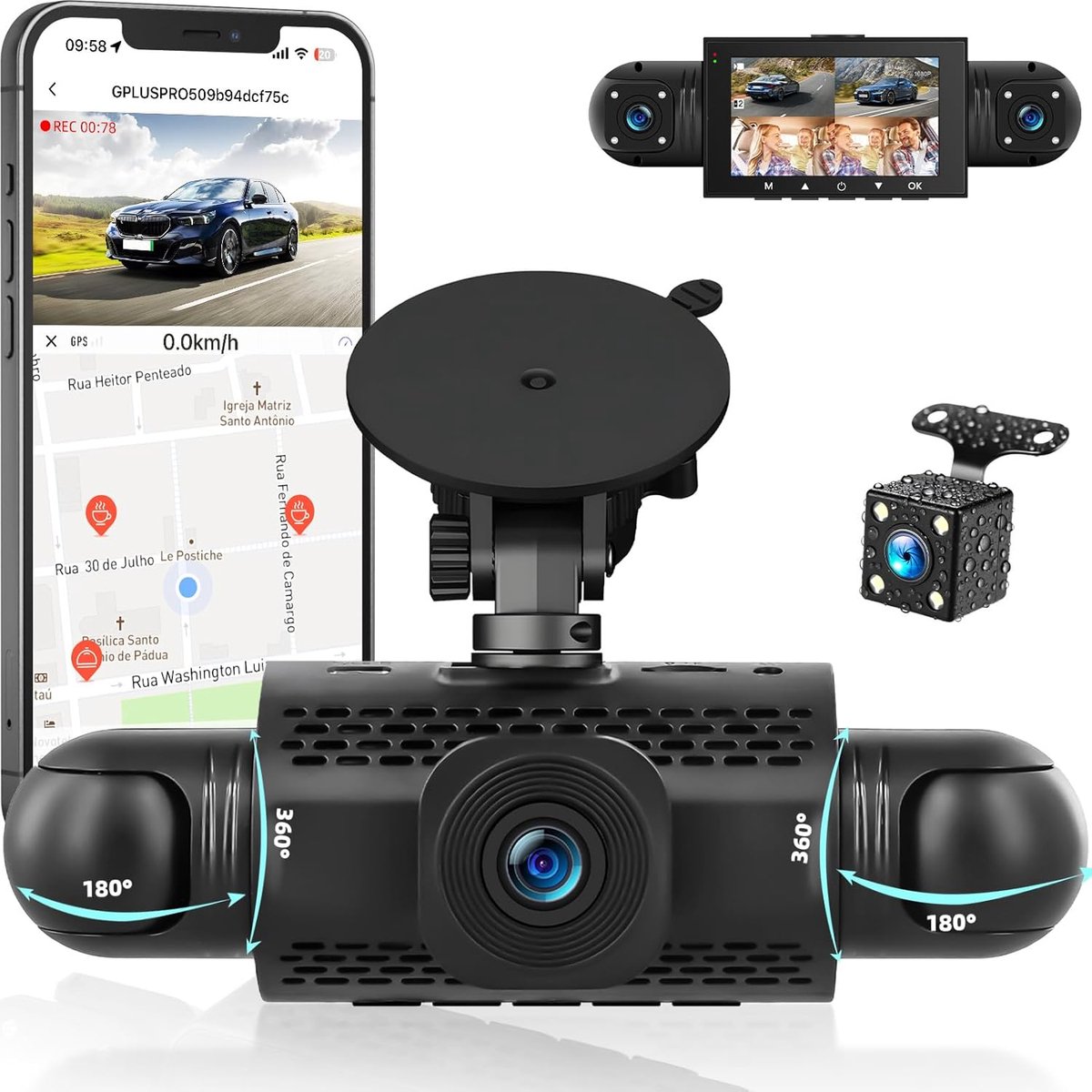 SnelShoppen - 360° Dashcam Auto Achter 4 Kanalen Boordcamera met APP-bediening, Nachtzicht, Videolus, G-Sensor en Parkeerhulp
