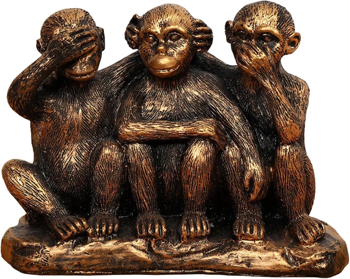SnelShoppen - 3 Wise Monkeys Standbeeld Set - Bronzen Gecoate Hars Apenbeeldjes - Hoor Geen Kwaad, Zie Geen Kwaad, Spreek Geen Kwaad - Decoratie voor