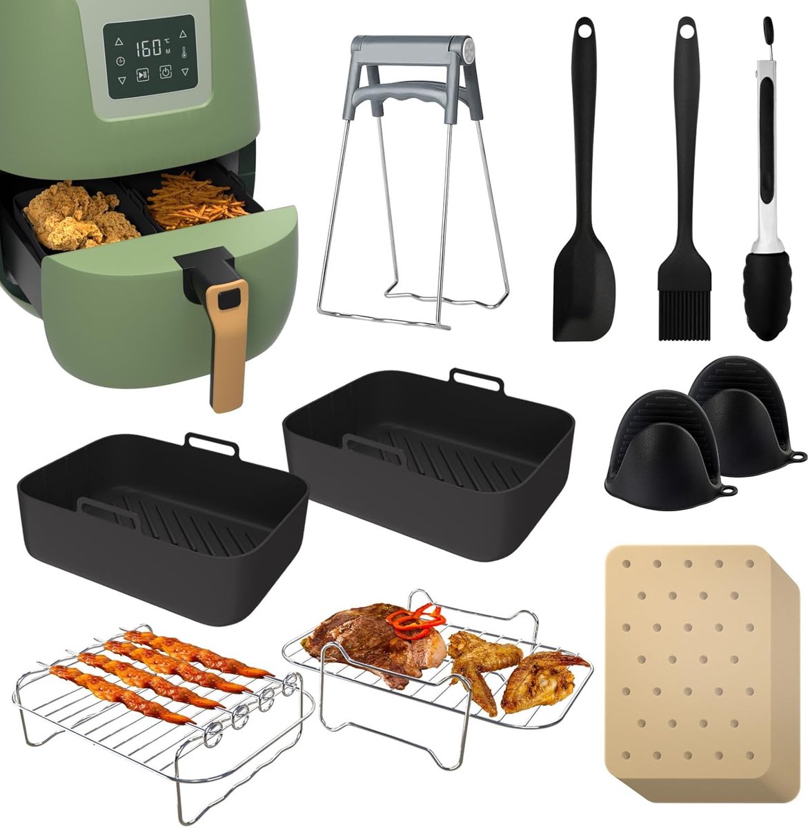 SnelShoppen Heteluchtfriteuse Accessoires Set voor Luchtfriteuse Grillrooster Siliconen Kookgerei Filter Clip & Meer Ideaal voor Keuken Feest