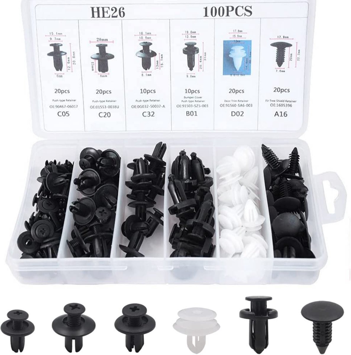 SnelShoppen - 100 Stuks Auto Bevestigingsclips Set, 6 Soorten Nylon Montage Clips, Bumper en Portier Bekleding Klinknagels voor Auto Reparatie