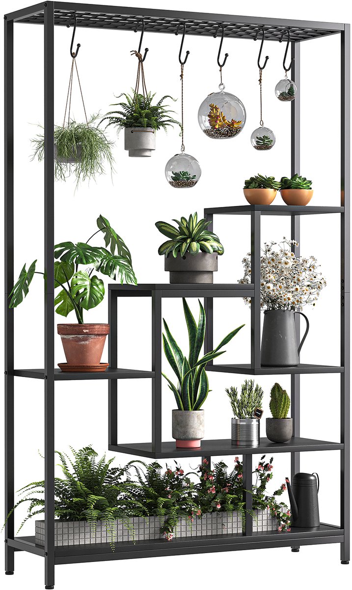 5-Laags Metalen Plantenrek met 6 Ophanghaken - Hoek Plantenstandaard voor Balkon Woonkamer Tuin - Zwarte Houtnerf - 100x30x180cm