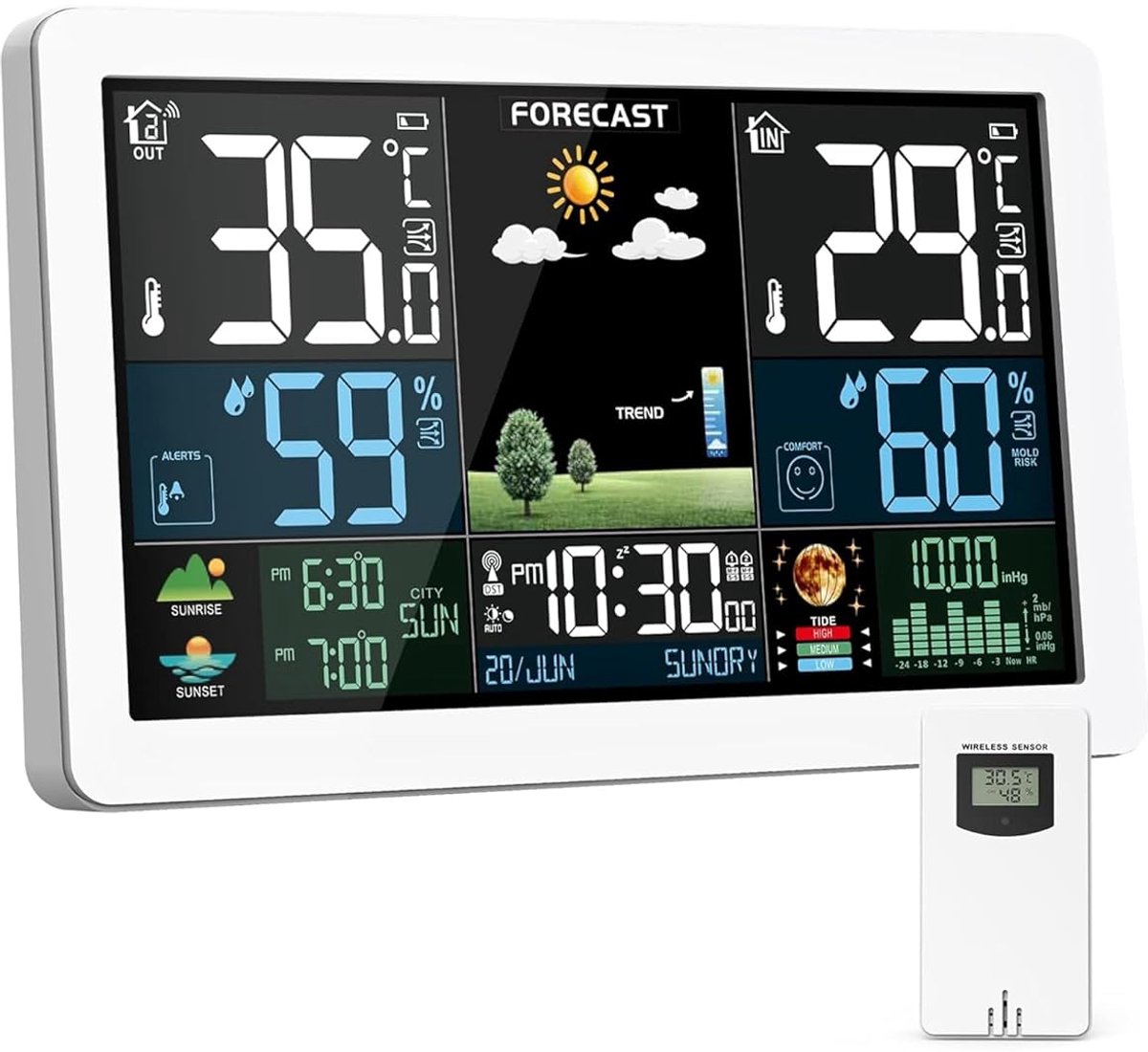 SnelShoppen - Draadloos Weerstation met Buitensensor, Kleurendisplay, Weersvoorspelling, Temperatuur en Luchtvochtigheid, Alarm met Sluimerfunctie, Lu