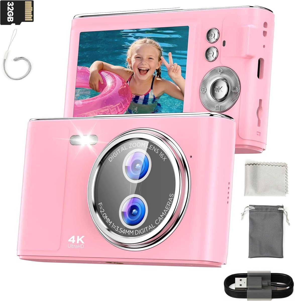 SnelShoppen - 32 GB Draagbare Digitale Camera voor Kinderen - 48 MP Compactcamera met 16x Zoom, Autofocus, Anti-Shake en Vlogfunctie in Roze voor Fees