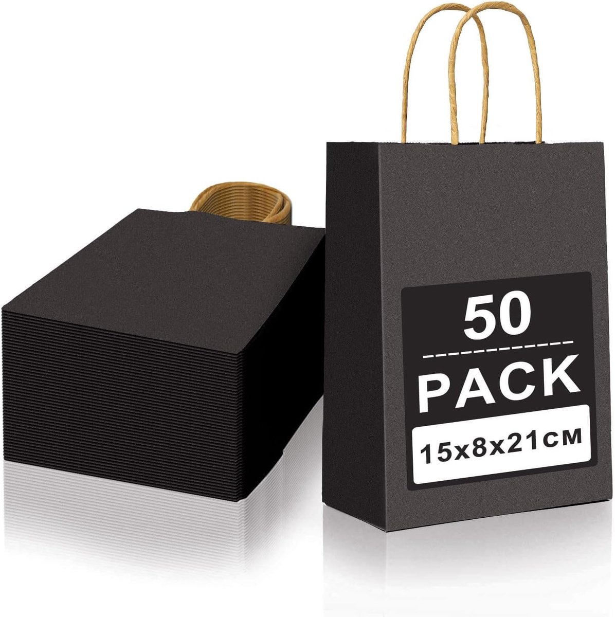 SnelShoppen - 50 Stuks Kleine Papieren Zakjes met Handvat, Zwarte Kraft Papieren Draagtas 15x8x21 cm voor Cadeautassen, Verpakken, Winkelen, Feesten e