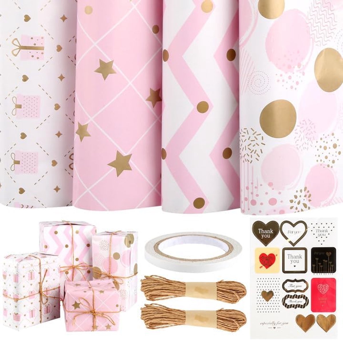 SnelShoppen - Geschenkpapier Roze voor Meisjes - 4e Verjaardagscadeaupapier met 2 Rollen Henneptouw, Plakband en Thank You Stickers, 50 x 70 cm voor M