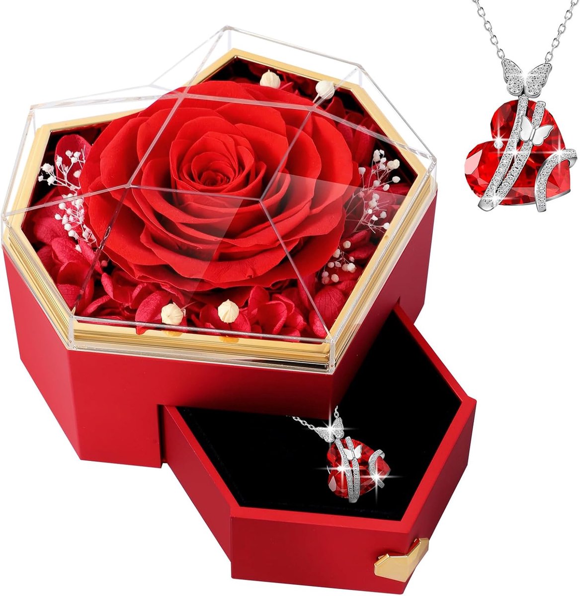 SnelShoppen - Eeuwige Roos met Hartvormige Halsketting en Sieradendoosje - Perfect Cadeau voor Dames, Moeder, Kerstmis, Valentijnsdag, Verjaardag, Moe