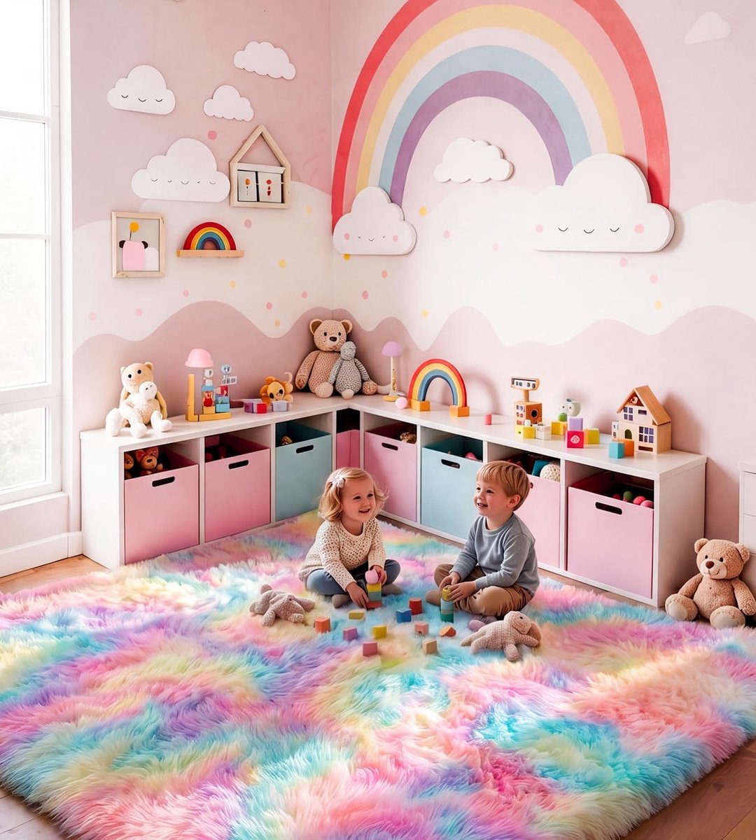 SnelShoppen - Tapijt Woonkamer 120x160 cm Regenboog Rug Antislip Wasbaar Decor Jeugdkamer Kinderkamer - Gerecycled Polyester - Duurzaam en Diervriende