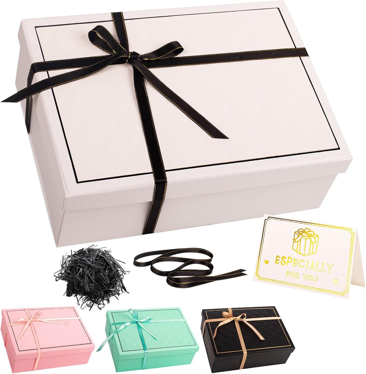 SnelShoppen - Witte Geschenkdoos met Deksel, Opvouwbare Cadeauverpakking, Inclusief Wenskaart, Raffia, Lint, 25 x 18 x 8,8 cm, Voor Valentijnsdag, Ver
