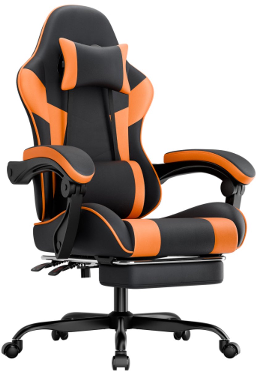 Gamingstoel - Kantoorstoel Voor Gamers - Zwart-Oranje Ergonomische PU Leder Stoel Met Lendensteun - Computerstoel - Werkstoel - Verstelbare Zitstoel - Tot 200kg Draagkracht Met Aanpasbare Zit en Rug