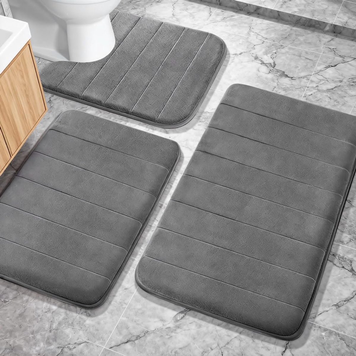 SnelShoppen - 3-Piece Memory Foam Badmat Set, Donkergrijs, Antislip en Absorberend, Zacht Badmat voor Douche, Bad en Toilet