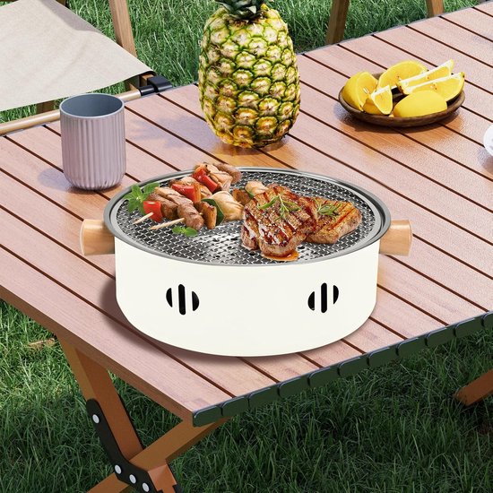 Draagbare houtskoolgrill, mini-barbecuegrill uit één stuk, multifunctionele rookvrije ronde tafelbarbecue op houtskool, geschikt voor koken binnen en buiten, familiebijeenkomsten, picknicks en kamperen (beige). van Diepintuin — afbeelding 2