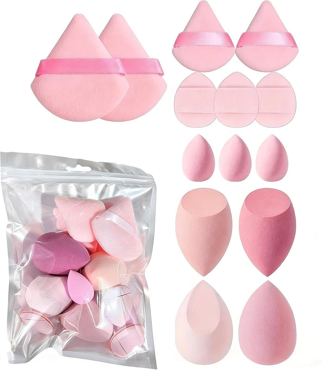 SnelShoppen - 14pcs Makeup Sponge Set - Puff Puff Powder Mini Puff Kussens, Triangle Puff Foundation, Hydrofiele Latex, Roze, Perfect voor Precisie Ma