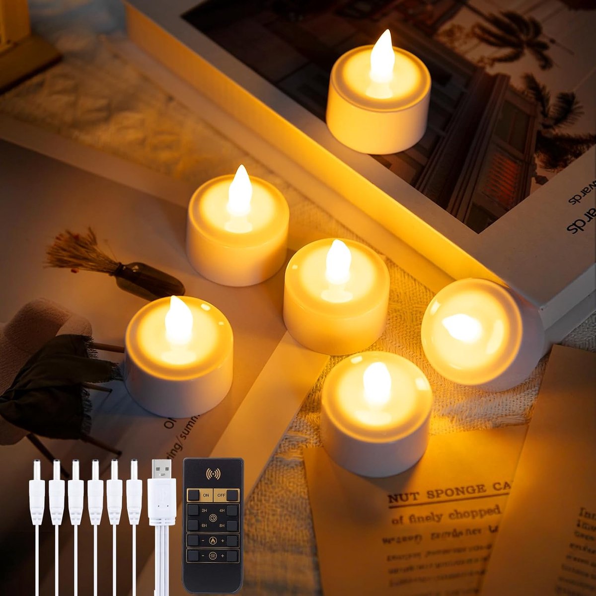 SnelShoppen - 6x Oplaadbare LED Theelichten met Afstandsbediening en Timer | Vlamloze Kaarsen voor Feesten, Bruiloften, Kerst en Halloween | USB Oplaa
