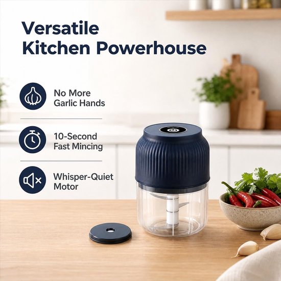Elektrische Knoflookhacker - Draadloze Mini Hakmolen USB Oplaadbaar - Compacte Keukenmachine met 6 Mesjes voor Ui, Gember, Noten en Babyvoeding - Blauw van Bobypet — afbeelding 5