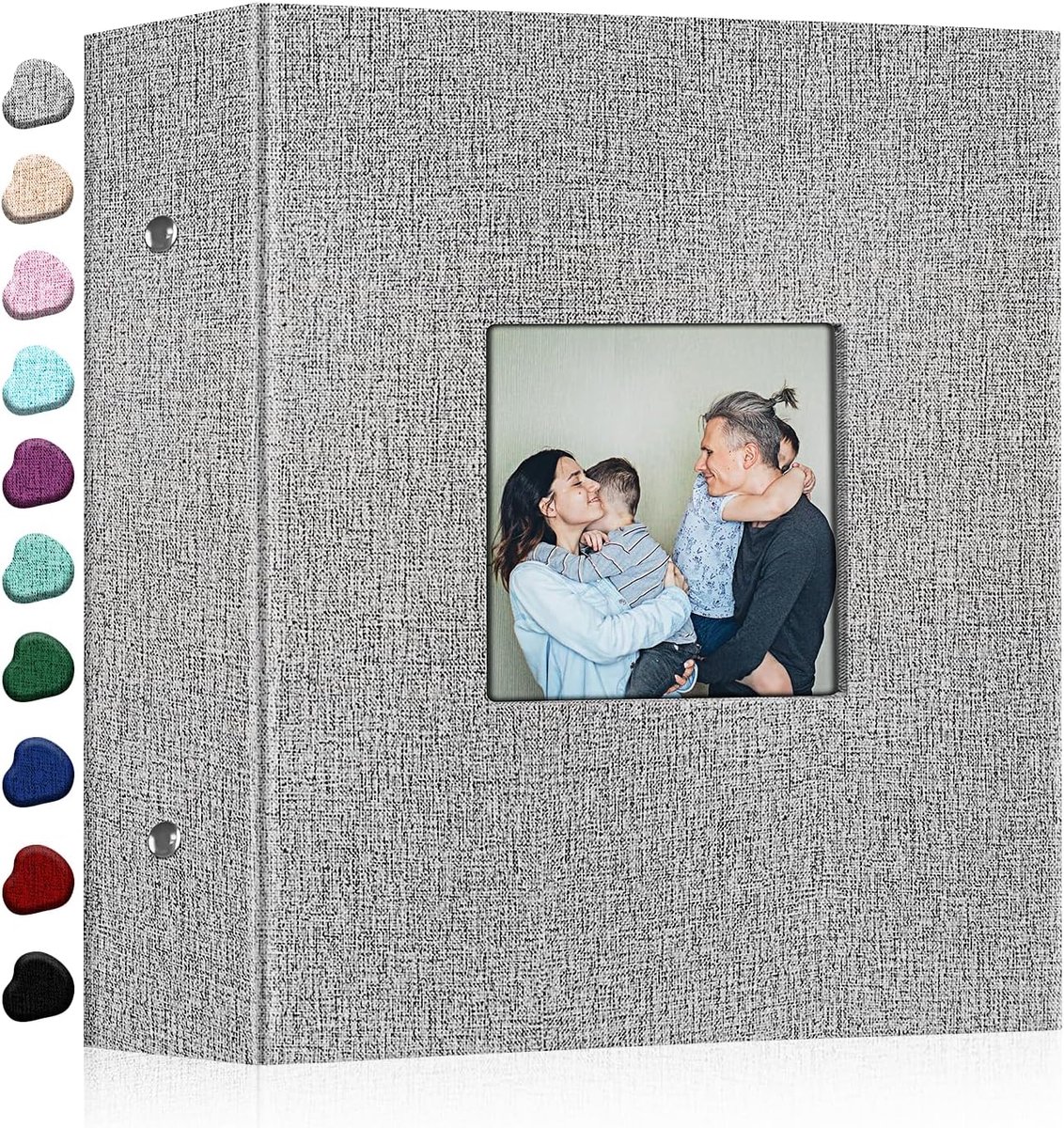 Fotoboek –Metalen klem – DIY zelfklevend fotoalbum – 16 inch – 30 vellen/60 pagina's – linnen kaft – 60 bladen – insteekhoezen – grijs – voor bruiloft, baby vakantie