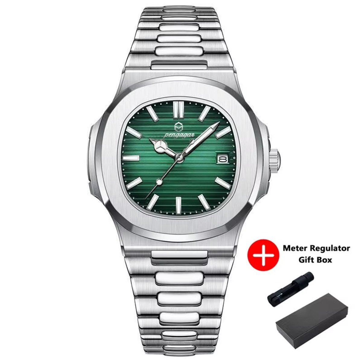 Herenhorloge Quartz - Luxe Design - Analoog Polshorloge - Met datum - Zilver kleur met Groen zwart wijzerplaat