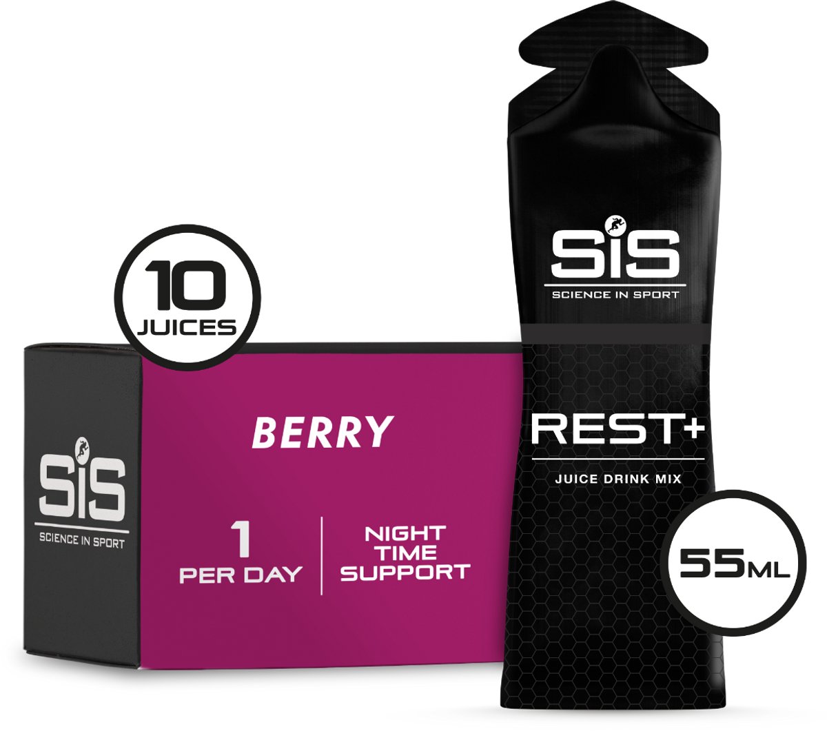 SiS REST+ Juice Berry - Avondformule met Zure Kers, Glycine, Magnesium, Tryptofaan, L-Theanine en 5-HTP - Slaapdrank - Slaapsupplement - 10 x 55 ml