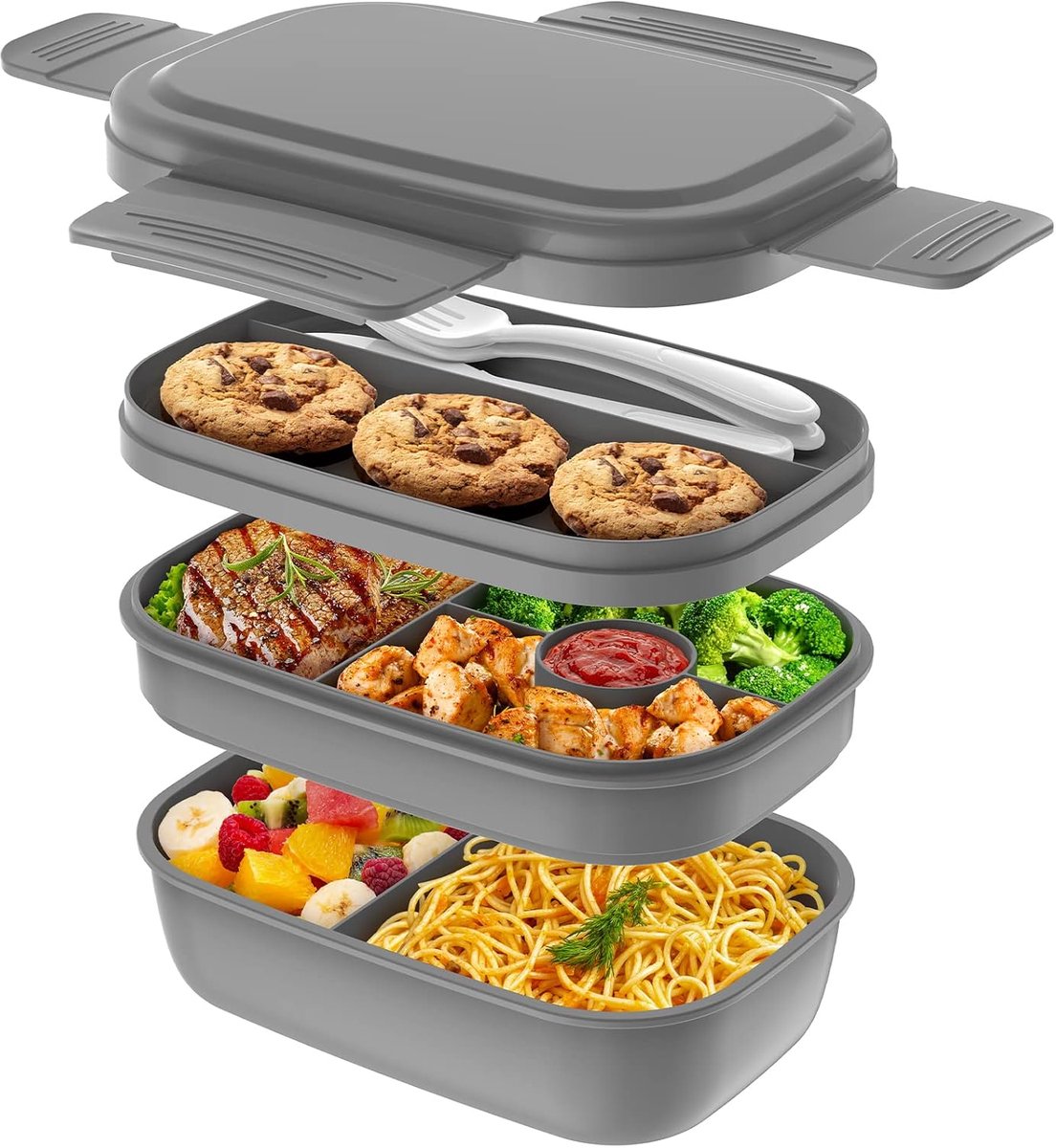 3-Laags Stapelbare Bento Lunchbox voor Volwassenen & Kinderen - Modern Minimaal Ontwerp met Bestekset - Lekvrije Broodtrommel voor Werk, Picknick, School - Grijs- 1 Set