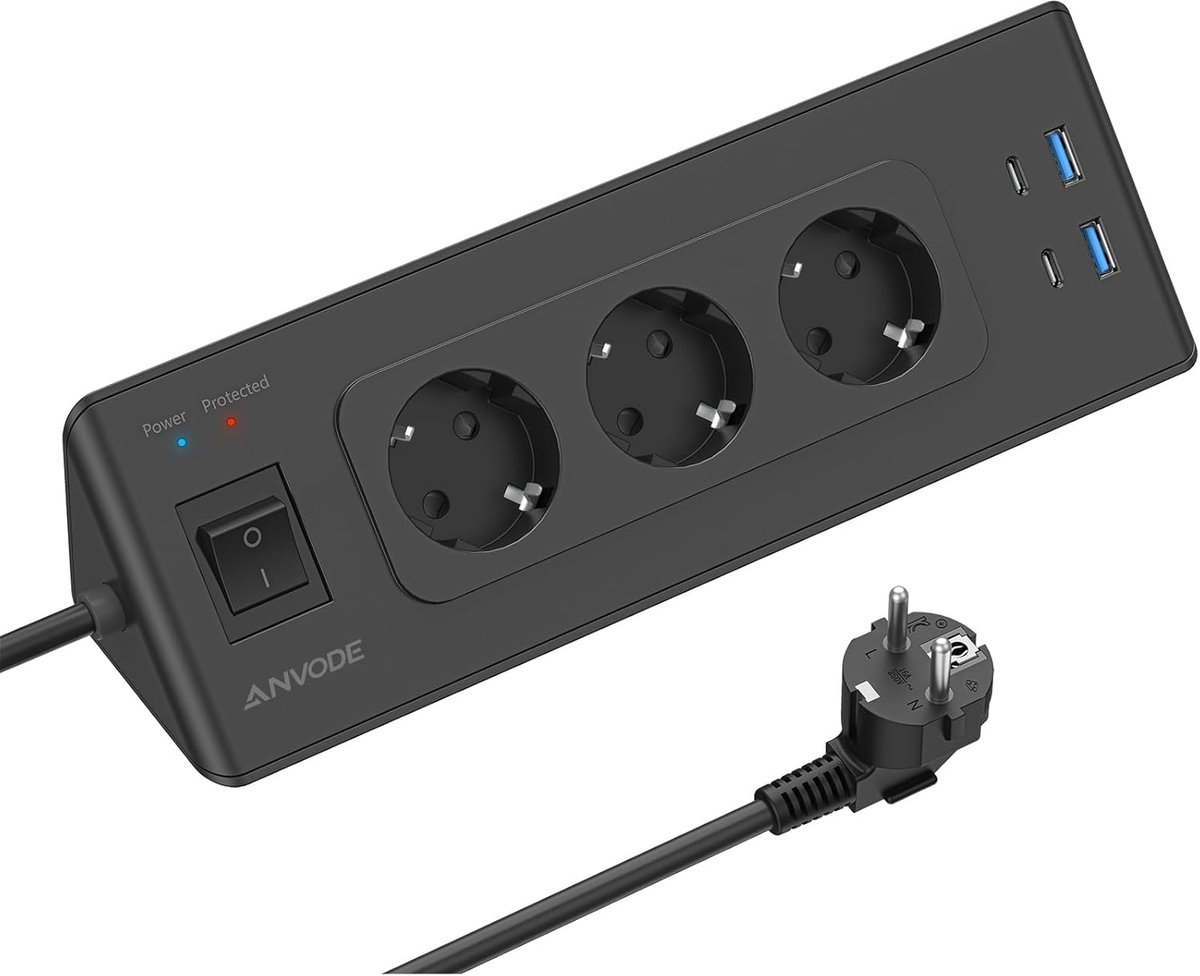 Thijox - Hoekstekkerdoos met USB en 2 Type-C, 3-voudige stekkerdoos met schakelaar, overbelastingsbeveiliging, 2M kabel voor keuken, woonkamer, kantoo