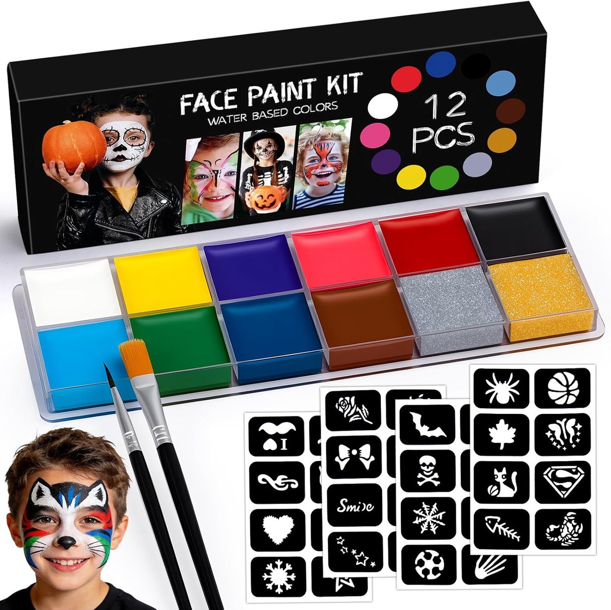 SnelShoppen - Halloween Makeup Kit - 12 Kleuren Makeuppalet met 2 Borstels en 32 Stencils - Afwasbare Face & Body Paint voor Carnaval en Feestjes voor