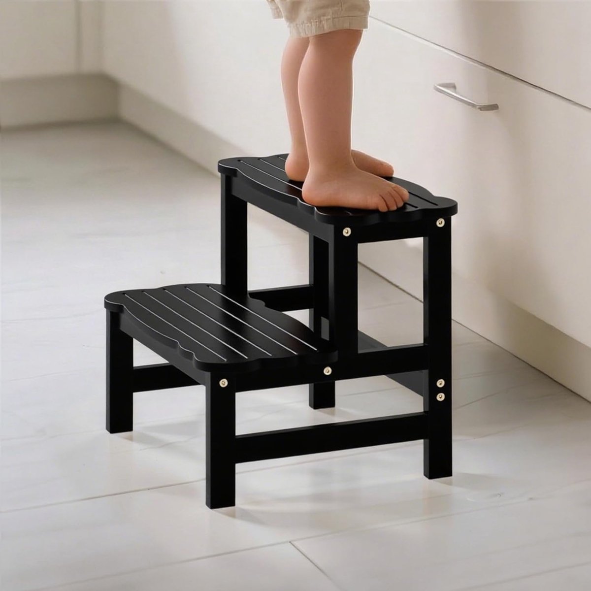SnelShoppen - COSYLAND Opstapkruk voor Kinderen – Leertoren met 2 Treden – Antislip, Bamboe, Zwart – Ideaal voor Keuken, Badkamer, Peuterkamer – Gesch