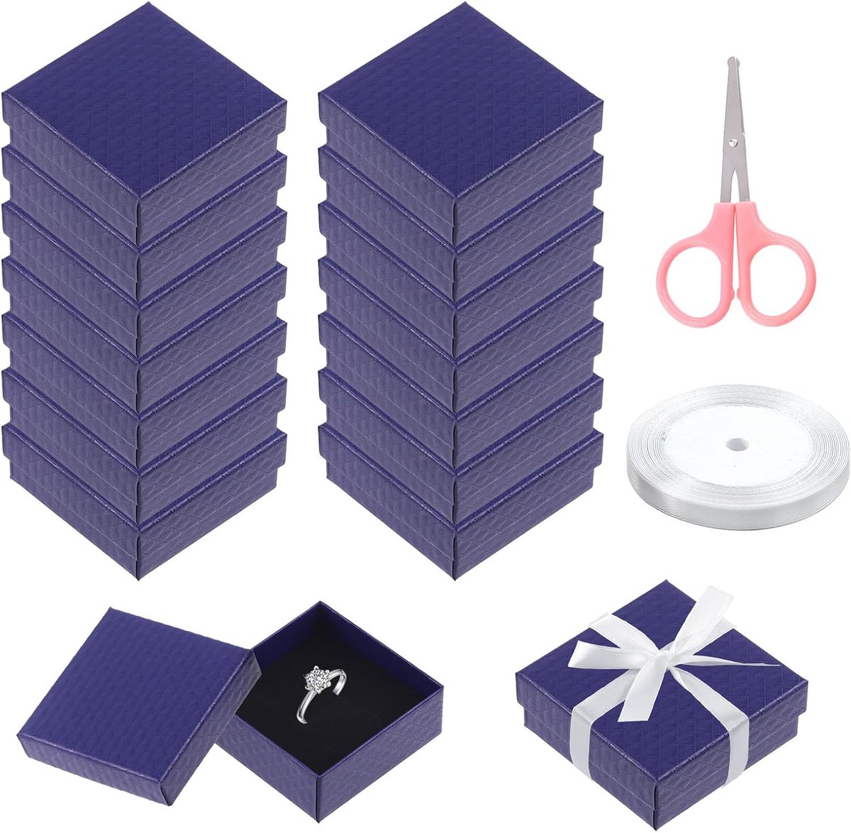 SnelShoppen - 17 stuks Diepblauwe Kartonnen Sieradendoosjes met Diamantpatroon, Assortiment voor Halskettingen, Oorbellen en Armbanden, Inclusief Scha