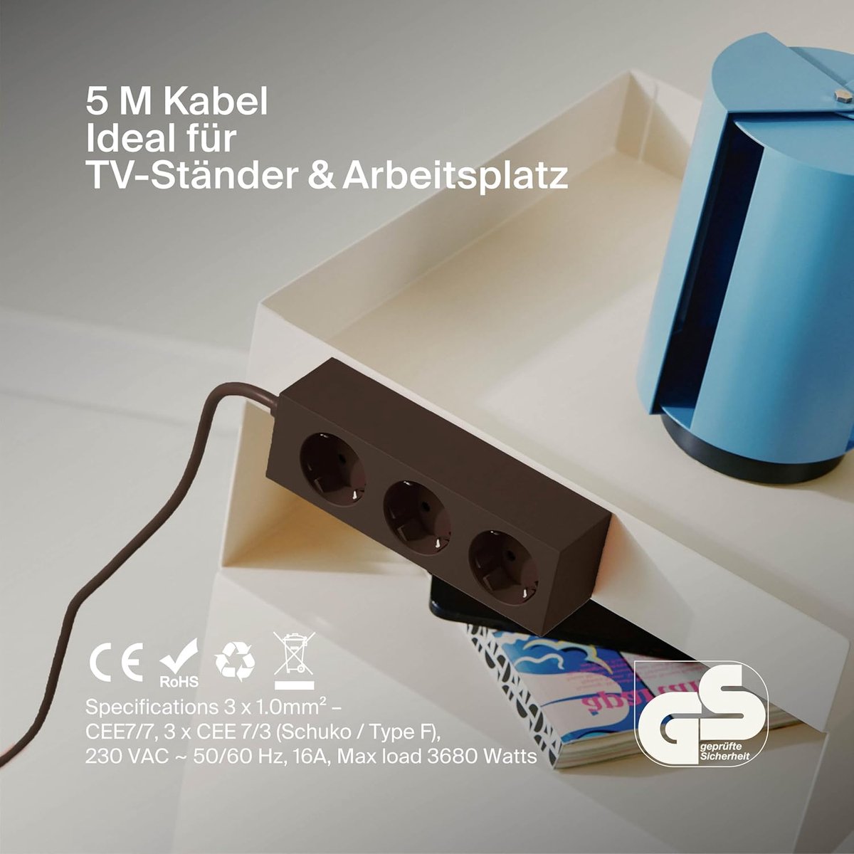 SnelShoppen - Pedestal Power Bar Stekkerdoos met Magneetbodem, 5 m, Zwart, 3-voudig Magnetisch Stopcontact, Stijlvolle Power Strip voor Thuis, Kantoor