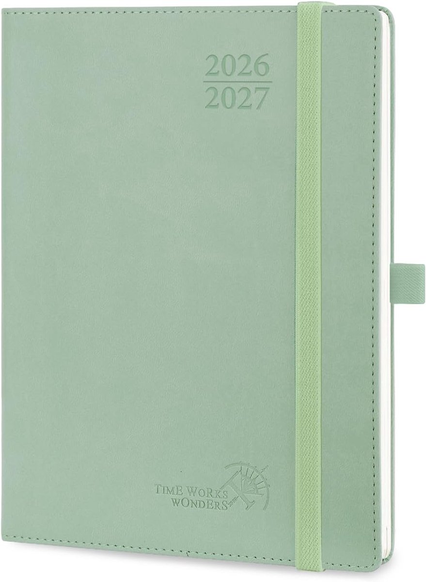 SnelShoppen - Agenda 2026 2027 Weekplanner Verticaal 22x16,5cm van Aug'26 - Dec'27, 17 Maanden, Zachte PU Lederen Kaft, Groengrijs, 30 Minuten Interva